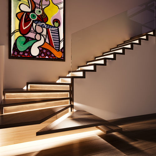 Viertelgewendelte Treppe - ZIGZAG LED - Siller Stairs - mit Stufen aus Eiche / mit Glasstruktur / mit Holzstruktur