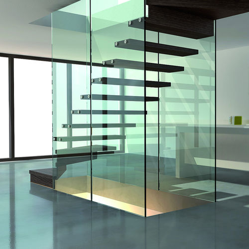 Gerade Treppe - MISTRAL GLASS WALL - Siller Stairs - halbgewendelt / Holzstufen / Glasstufen