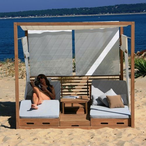Teakholz-Pavillon - CUBE - La Hutte - Edelstahl / Batyline® / Stoffdach