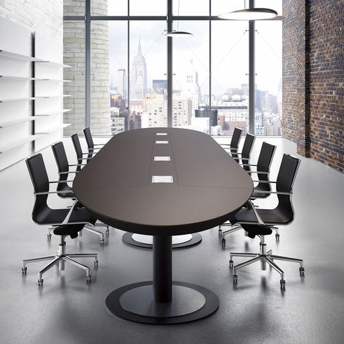 Moderner Besprechungstisch - MULTIPLICEO - Fantoni - Leder / Holzfurnier / oval