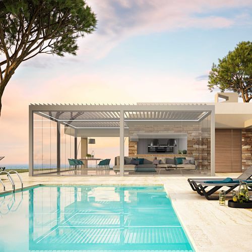 Selbsttragende Pergola - OSKURA ORIENTA - Sunroom S.p.A. - Glas / bioklimatisch / mit integrierter LED-Beleuchtung