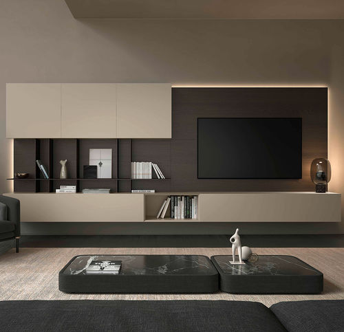 Moderne Wohnwand - CUBE 6 - Olivieri - Eiche / Glas / mit Regal