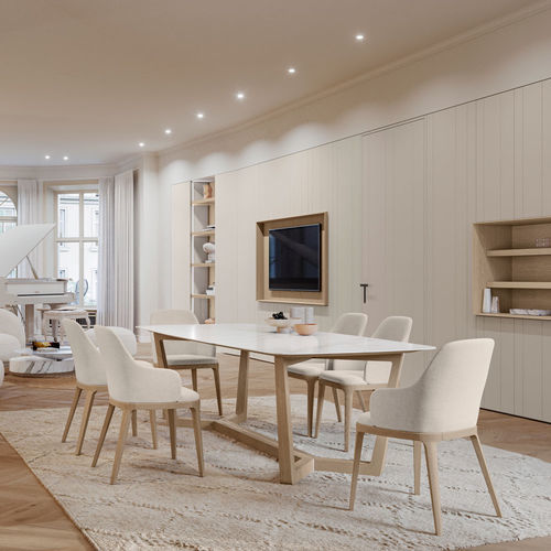 Moderner Esstisch - HECTOR  - Olivieri - Glas / Sandstein / Gestell aus lackiertem Holz