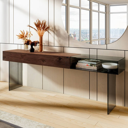 Moderner Konsolentisch - 36e8  - LAGO - lackiertes Holz / Rauchglas / Gestell aus Glas