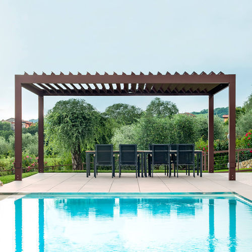 Selbsttragende Pergola - OPENLIGHT - MIONI - angebaut / Aluminium / Stoff