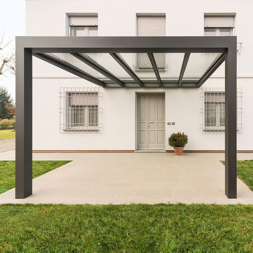 Selbsttragende Pergola - ALLUVER - MIONI - angebaut / Aluminium / Glas-Überdachungen