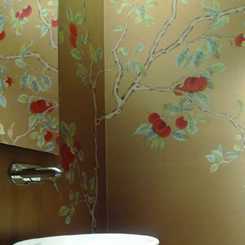 Orient-Tapete - RED KAKI - Misha wallcoverings - Seide / Blumenmotiv / chinesisches Motiv