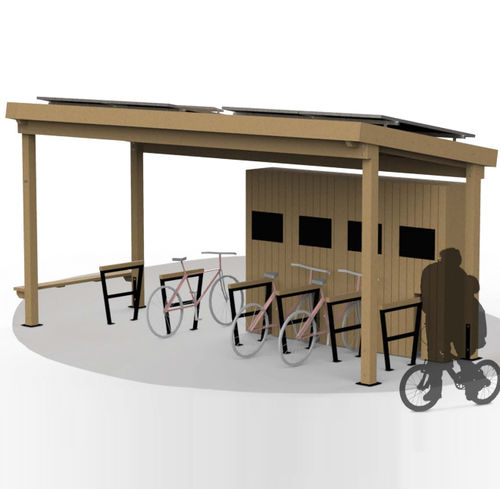 Fahrradunterstand für öffentliche Bereiche - O’VÉLO SOL4 - Rondino - Holz / mit Solarpaneelen / mit integrierter Bank