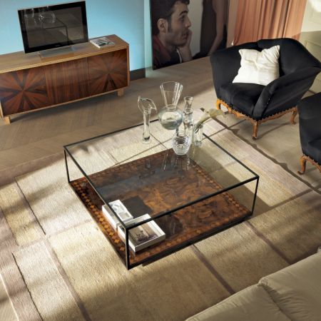 Moderner Couchtisch - ART 141 - Bertelè - Nussbaum / Kristall / Schmiedeeisen
