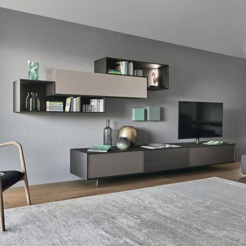 Moderne Wohnwand - LAMPO L6C01 - SANGIACOMO - Eiche / Holzfurnier / mattlackiertes Holz