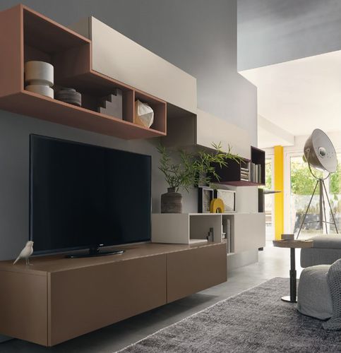 Moderne Wohnwand - LAMPO L6C03 - SANGIACOMO - mattlackiertes Holz / Modul / mit Regal
