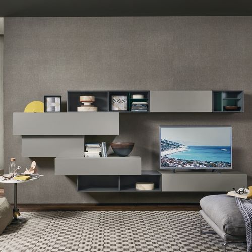 Moderne Wohnwand - LAMPO L6C08 - SANGIACOMO - Eiche / Holzfurnier / mattlackiertes Holz