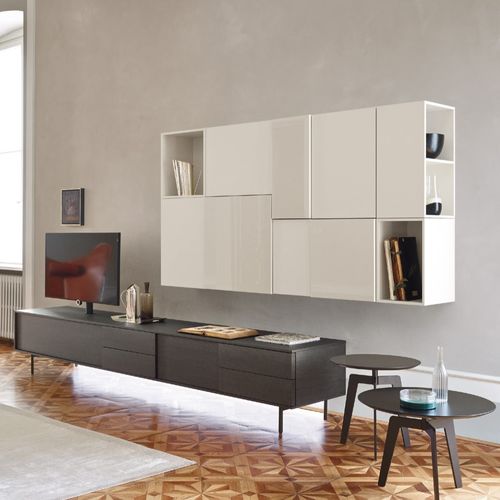 Moderne Wohnwand - LAMPO L6C12 - SANGIACOMO - Eiche / Holzfurnier / hochglanzlackiertes Holz