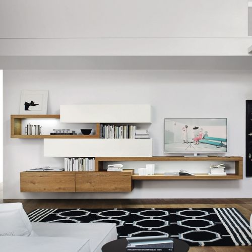 Moderne Wohnwand - LAMPO PIANALI L6C15 - SANGIACOMO - Eiche / Holzfurnier / mattlackiertes Holz