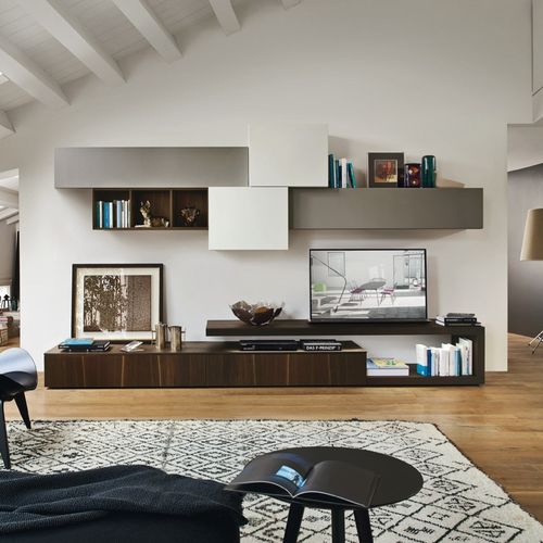 Moderne Wohnwand - LAMPO PIANALI L6C20 - SANGIACOMO - Eiche / Holzfurnier / mattlackiertes Holz