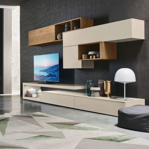 Moderne Wohnwand - LAMPO PIANALI L6C21 - SANGIACOMO - Eiche / Holzfurnier / mattlackiertes Holz