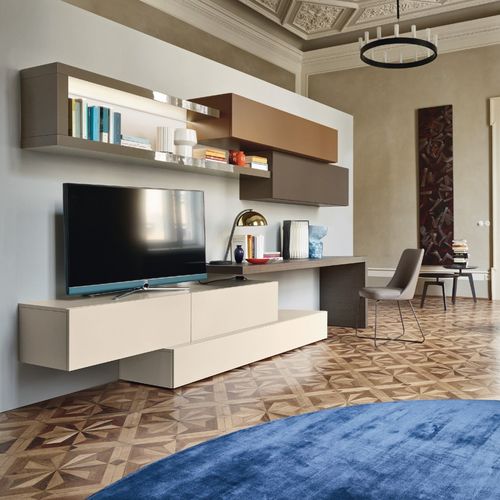 Moderne Wohnwand - LAMPO PIANALI L6C23 - SANGIACOMO - hochglanzlackiertes Holz / lackiertes Metall / Modul