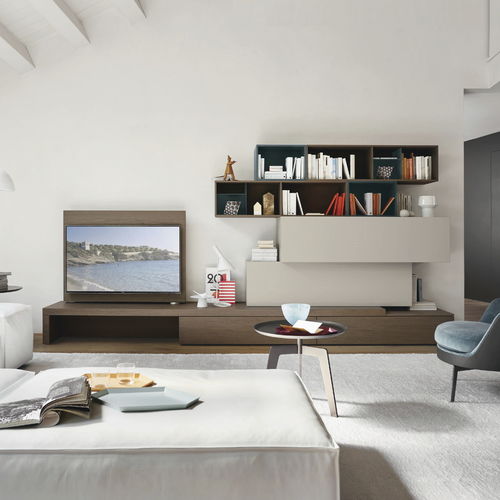 Moderne Wohnwand - LAMPO L6C33 - SANGIACOMO - Eiche / Holzfurnier / mattlackiertes Holz
