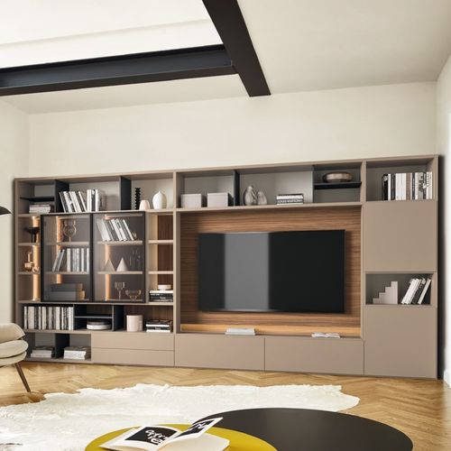 Moderne Wohnwand - MODO M6C60 - SANGIACOMO - Rauchglas / Holzfurnier / Nussbaum