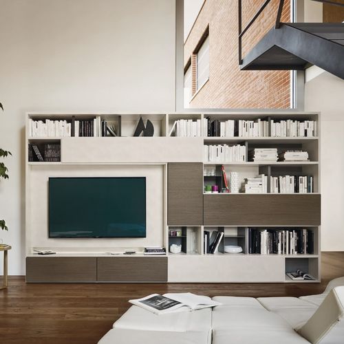 Moderne Wohnwand - MODO M6C73 - SANGIACOMO - Holzfurnier / Eiche / lackiertes Metall