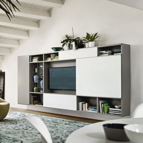 Moderne Wohnwand - MODO M6C75 - SANGIACOMO - Glas / mattlackiertes Holz / für TV