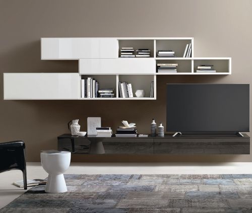 Moderne Wohnwand - MODO M6C79 - SANGIACOMO - lackiertes Glas / mattlackiertes Holz / hochglanzlackiertes Holz