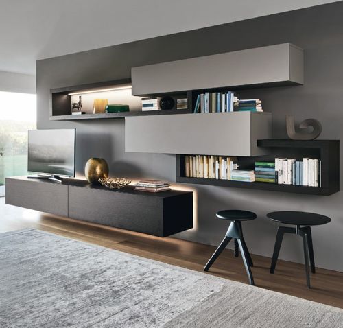 Moderne Wohnwand - LAMPO PIANALI L6C17 - SANGIACOMO - Eiche / Holzfurnier / mattlackiertes Holz