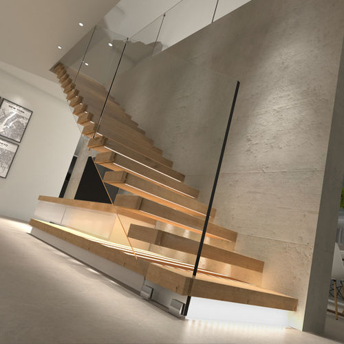 Gerade Treppe - SBALZO B-E-GLASS - ITALIAN FASHION STAIRS - viertelgewendelt / halbgewendelt / Holzstufen