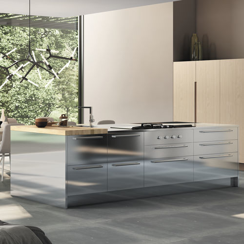 Industriestil-Küche - CHEF INOX - MOBALCO - Holzfurnier / Edelstahl / Kochinsel