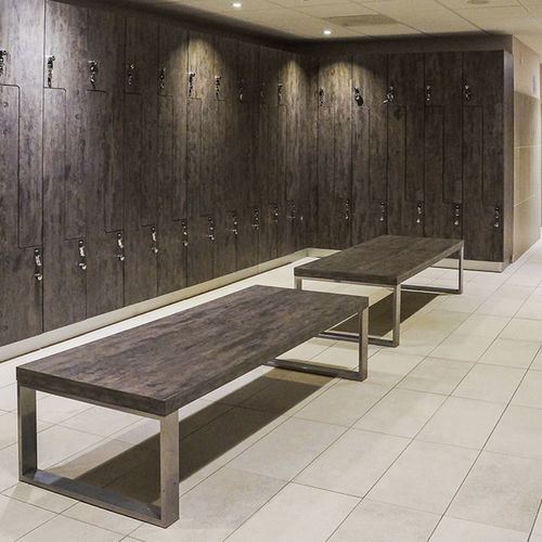 Moderne Bank für Umkleideraum - PANKA - Fit Interiors - Esche / pulverbeschichteter Stahl / ohne Rückenlehne