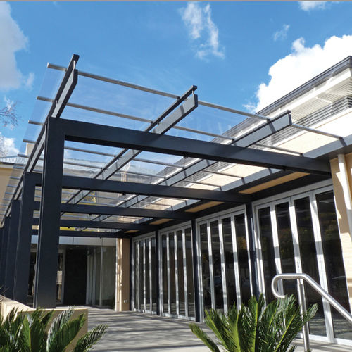 Vordach für Eingang - SUNGLAZE™ - EXTECH Exterior Technologies, Inc - für Geschäftsgebäude / Metall / Polycarbonat