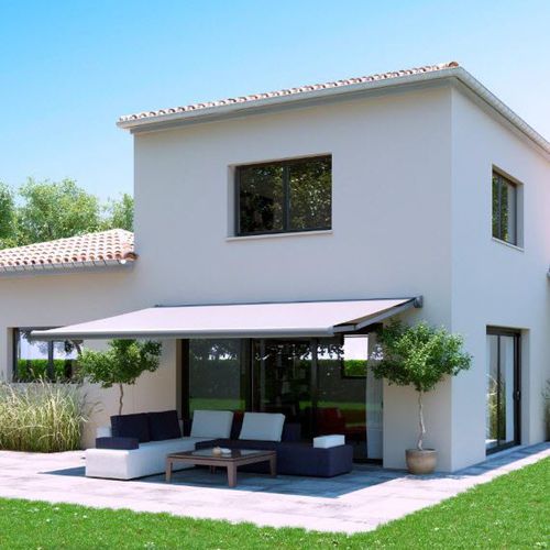 Fallarmmarkise - MALAGA® - Roche Habitat - Kassetten / motorisiert / für Terrasse