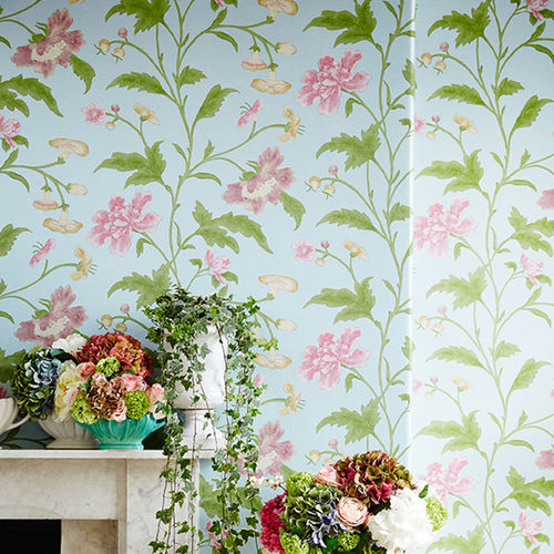 Klassische Tapete - CHINA ROSE  - The Little Greene - Blumenmotiv / Metallefekt / grau