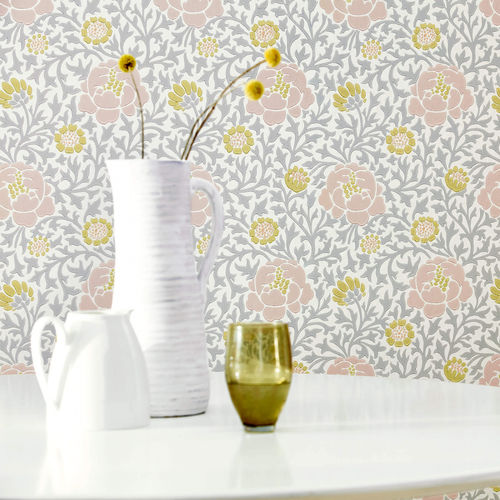 Klassische Tapete - LANSDOWNE WALK - The Little Greene - Blumenmotiv / Metallefekt / blau