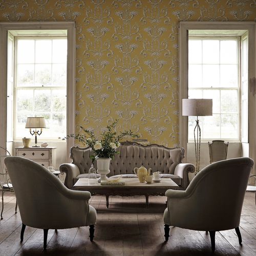 Klassische Tapete - VERSAILLES - The Little Greene - Blumenmotiv / Metallefekt / grau