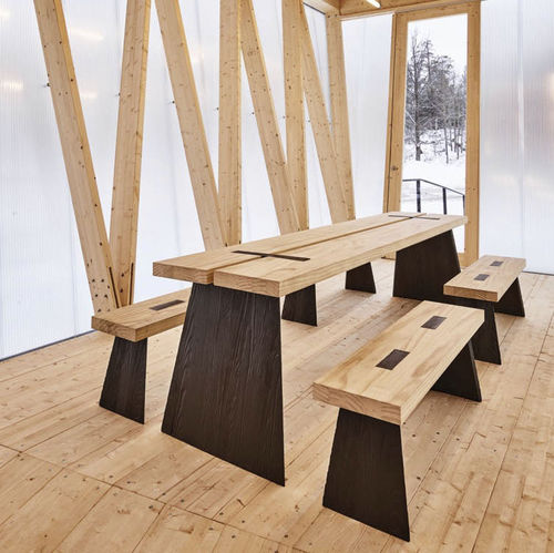 Moderne Tischgarnitur - LOGGIA - KÄLLEMO - Holz / Gusseisen / für Außenbereich