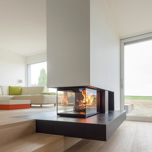 Holzkamin - RIII, ROOM DIVIDER - Rüegg Cheminée Schweiz AG - Einbau / Ecken / mit 3 Sichtseiten
