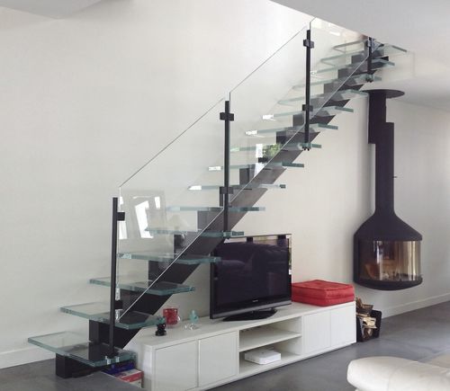 Gerade Treppe - MANHATTAN ACIER LAQUÉ NOIR ET VERRE EXTRA CLAIR - Trescalini - Glasstufen / mit Stahlstruktur / modern