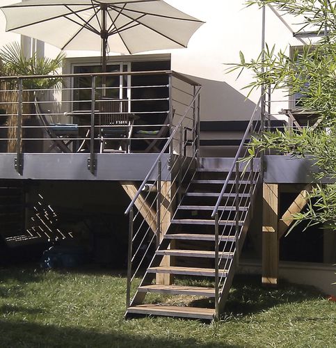 Gerade Treppe - ELITE INOX BROSSE ET BOIS EXOTIQUE (IPE) - Trescalini - Holzstufen / Edelstahlstufen / mit Edelstahlstruktur
