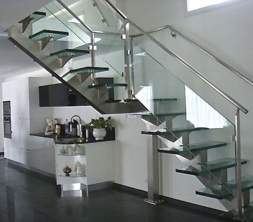 Viertelgewendelte Treppe - MANHATTAN INOX BROSSÉ ET VERRE STANDARD - Trescalini - Glasstufen / mit Edelstahlstruktur / modern