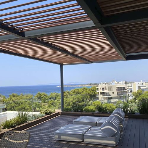 Angebaute Pergola - COSPIBIO - COSPICON  SA - Aluminium / mit orientierbaren Lamellen / mit Sonnenschutzlamellen