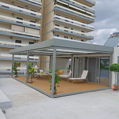 Selbsttragende Pergola - Cospilouvre - COSPICON  SA - angebaut / Aluminium / mit Sonnenschutzlamellen