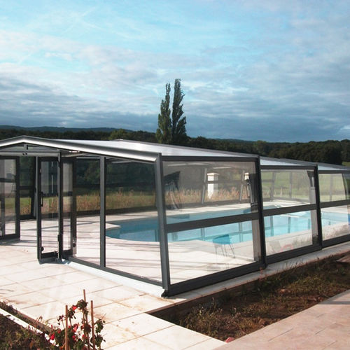 Halbhohe Schwimmbadüberdachung - Azenco Groupe - teleskopisch / Aluminium / Polycarbonat