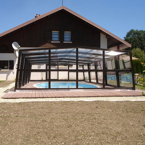 Hohe Schwimmbadüberdachung - HIGH - Azenco Groupe - teleskopisch / Aluminium / Polycarbonat