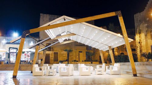 Selbsttragende Pergola - Liama Est - SPRECH S.r.l. - Holz / galvanisiertem Stahl / mit Stoffüberdachung