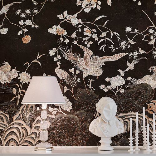 Klassische Tapete - COCO COROMANDEL - DE GOURNAY - Tiermuster / chinesisches Motiv / Stoffoptik