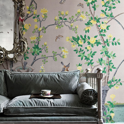 Klassische Tapete - JARDINIERES CITRUS TREES - DE GOURNAY - Blumenmotiv / chinesisches Motiv / Stoffoptik