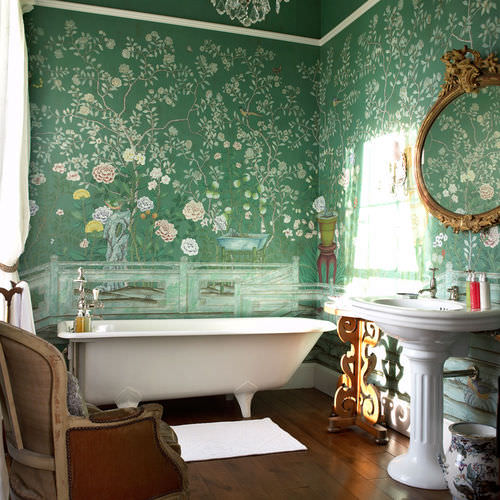 Klassische Tapete - TEMPLE NEWSAM  - DE GOURNAY - Blumenmotiv / chinesisches Motiv / Stoffoptik