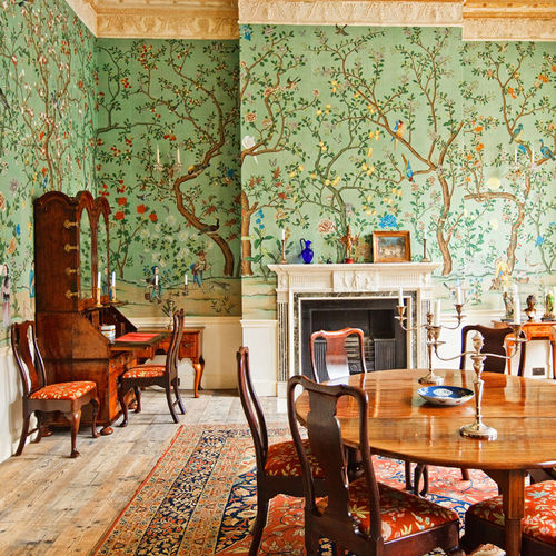 Klassische Tapete - ABBOTSFORD - DE GOURNAY - chinesisches Motiv / Stoffoptik / blau