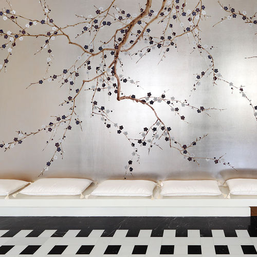 Klassische Tapete - PLUM BLOSSOM - DE GOURNAY - Blumenmotiv / Stoffoptik / grau